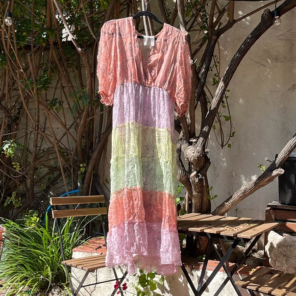 Johnny Was Liza Midi dress. Pastel multicolor. 100% silk....